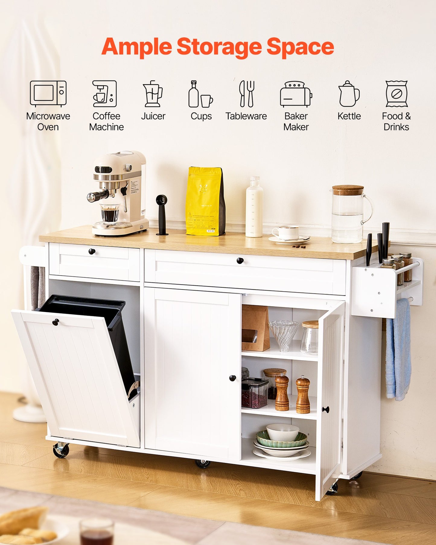 Kitchen Island Cart with Storage, 153 cm Wide Mobile Kitchen Cart with Wheels, Drop Leaf, 2 Drawers, Trash Can Cabinet, Knife Holder, Spice Rack, and Towel Rack, Table for Dining Room, Pantry