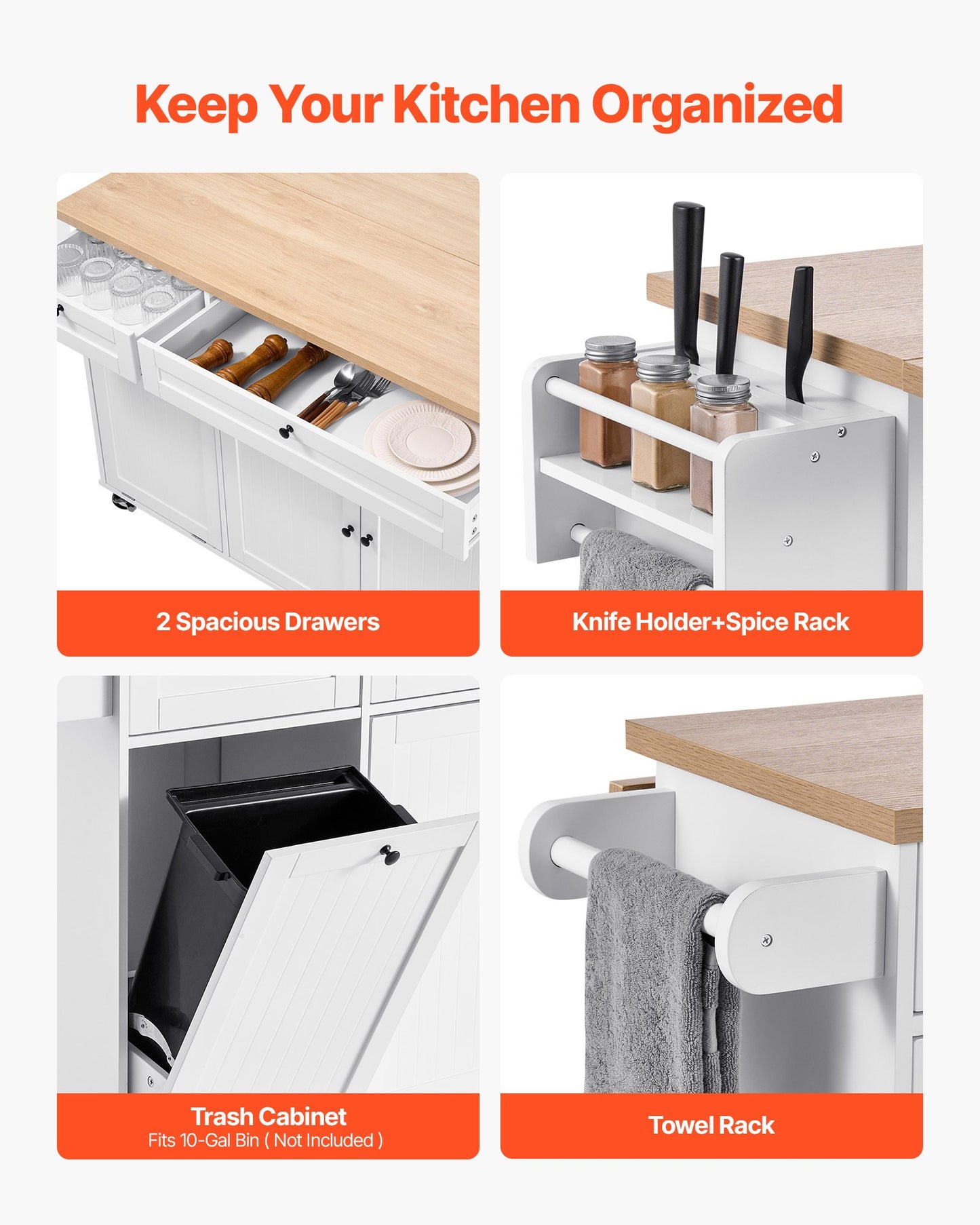 Kitchen Island Cart with Storage, 153 cm Wide Mobile Kitchen Cart with Wheels, Drop Leaf, 2 Drawers, Trash Can Cabinet, Knife Holder, Spice Rack, and Towel Rack, Table for Dining Room, Pantry