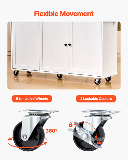 Kitchen Island Cart with Storage, 153 cm Wide Mobile Kitchen Cart with Wheels, Drop Leaf, 2 Drawers, Trash Can Cabinet, Knife Holder, Spice Rack, and Towel Rack, Table for Dining Room, Pantry