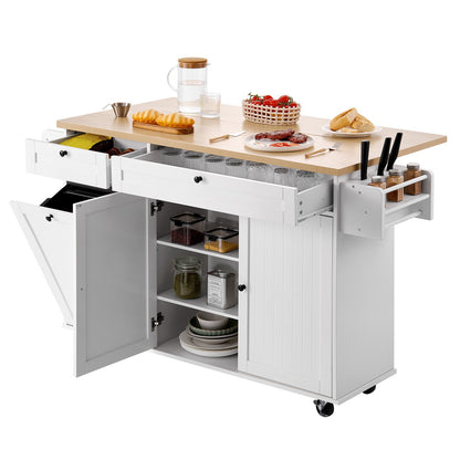 Kitchen Island Cart with Storage, 153 cm Wide Mobile Kitchen Cart with Wheels, Drop Leaf, 2 Drawers, Trash Can Cabinet, Knife Holder, Spice Rack, and Towel Rack, Table for Dining Room, Pantry