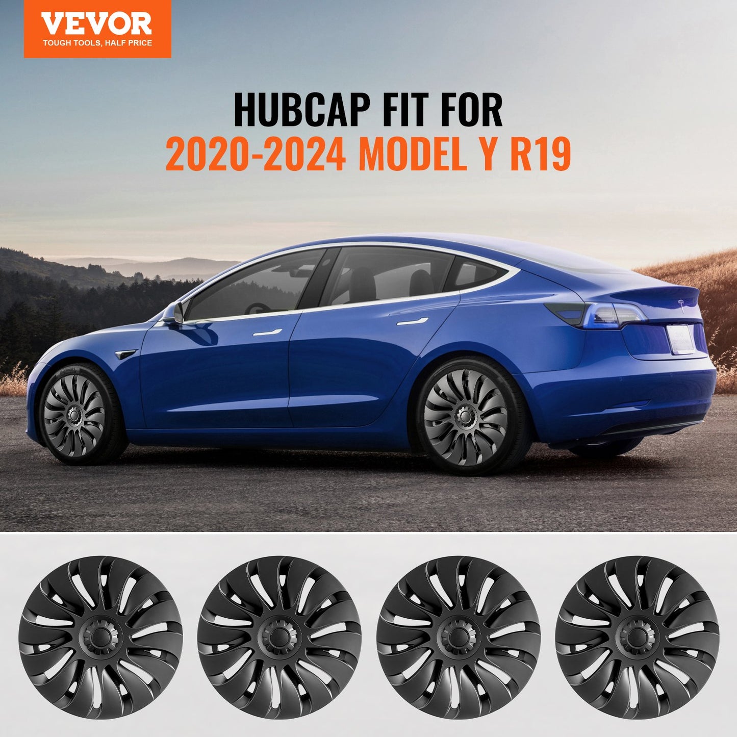 Wheel Rim Cover Hubcaps, 19 in, 2020-2024 Model Y Fully Fit Hubcap with Snap, Guard Tape & Valve Nozzle Hole, ABS & PC Hubcap with High Rigidity & Less Wind Drag, Fits for All Weather Use