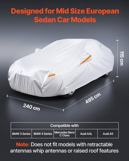 Car Cover, Car Cover Waterproof for Mid Size European Sedan Cars Models, Custom-fit All Weather Sun Rain Wind Dust Snow Protection Full Exterior Covers with Door Zipper and Cotton Lining, Silver