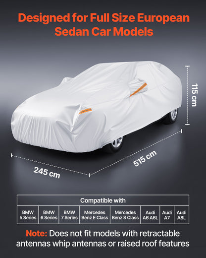 Car Cover, Car Cover Waterproof for Full Size European Sedan Cars Models, Custom-fit All Weather Sun Rain Wind Dust Snow Protection Full Exterior Covers with Door Zipper & Cotton Lining, Silver