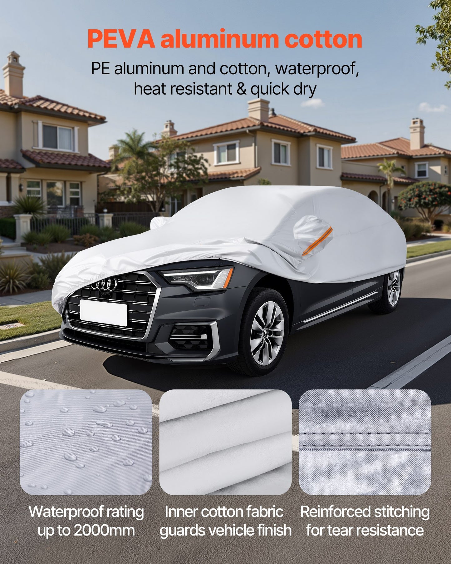 Car Cover, Car Cover Waterproof for Full Size European Sedan Cars Models, Custom-fit All Weather Sun Rain Wind Dust Snow Protection Full Exterior Covers with Door Zipper & Cotton Lining, Silver
