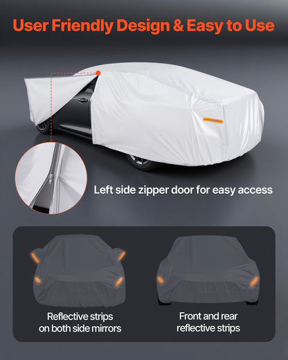 Car Cover, Car Cover Waterproof for Full Size European Sedan Cars Models, Custom-fit All Weather Sun Rain Wind Dust Snow Protection Full Exterior Covers with Door Zipper & Cotton Lining, Silver