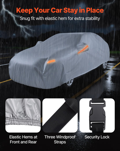 Car Cover, Car Cover Waterproof for Full Size European Sedan Cars Models, Custom-fit All Weather Sun Rain Wind Dust Snow Protection Full Exterior Covers with Door Zipper & Cotton Lining, Silver