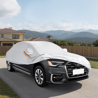 Car Cover, Car Cover Waterproof for Full Size European Sedan Cars Models, Custom-fit All Weather Sun Rain Wind Dust Snow Protection Full Exterior Covers with Door Zipper & Cotton Lining, Silver