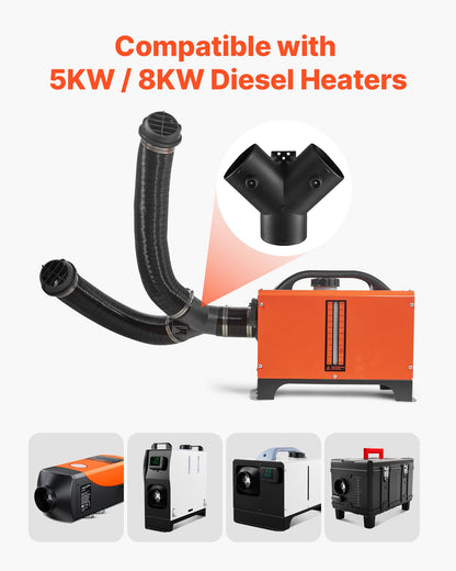 Diesel Heater Pipe Duct Vent Kit, 75mm Heater Pipe Warm Air Outlet Vent Set with Y-Shaped Connector & Air Duct Clamps, Parking Heaters Air Ducts Vent Kit for 2KW 5KW 8KW Diesel Heaters, Black