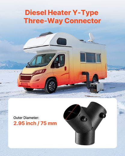 Diesel Heater Connector, 75mm Diesel Heater Duct Connector Accessories, 3-Way Y Branch Diesels Heaters Air Vent Duct with 2 90° Rotatable Valves, Black Joint Connectors for 2KW 5KW 8KW Heaters