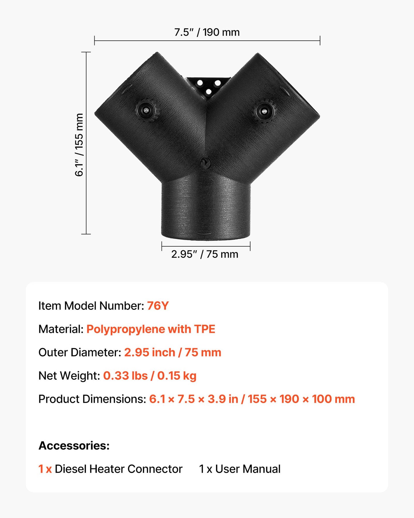 Diesel Heater Connector, 75mm Diesel Heater Duct Connector Accessories, 3-Way Y Branch Diesels Heaters Air Vent Duct with 2 90° Rotatable Valves, Black Joint Connectors for 2KW 5KW 8KW Heaters