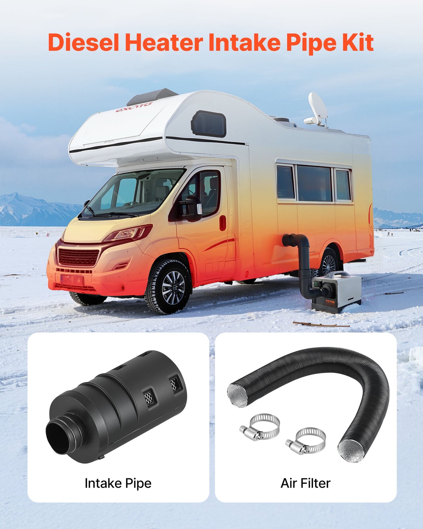 Diesel Heater Intake Pipe Kit, 25mm Car Air Parking Heater Ducting Pipe Hose Tube, Stretchable & Bendable Car Air Intake Filter Silencer Hose Pipes Kit with Clamps for 2KW 5KW 8KW Diesel Heaters