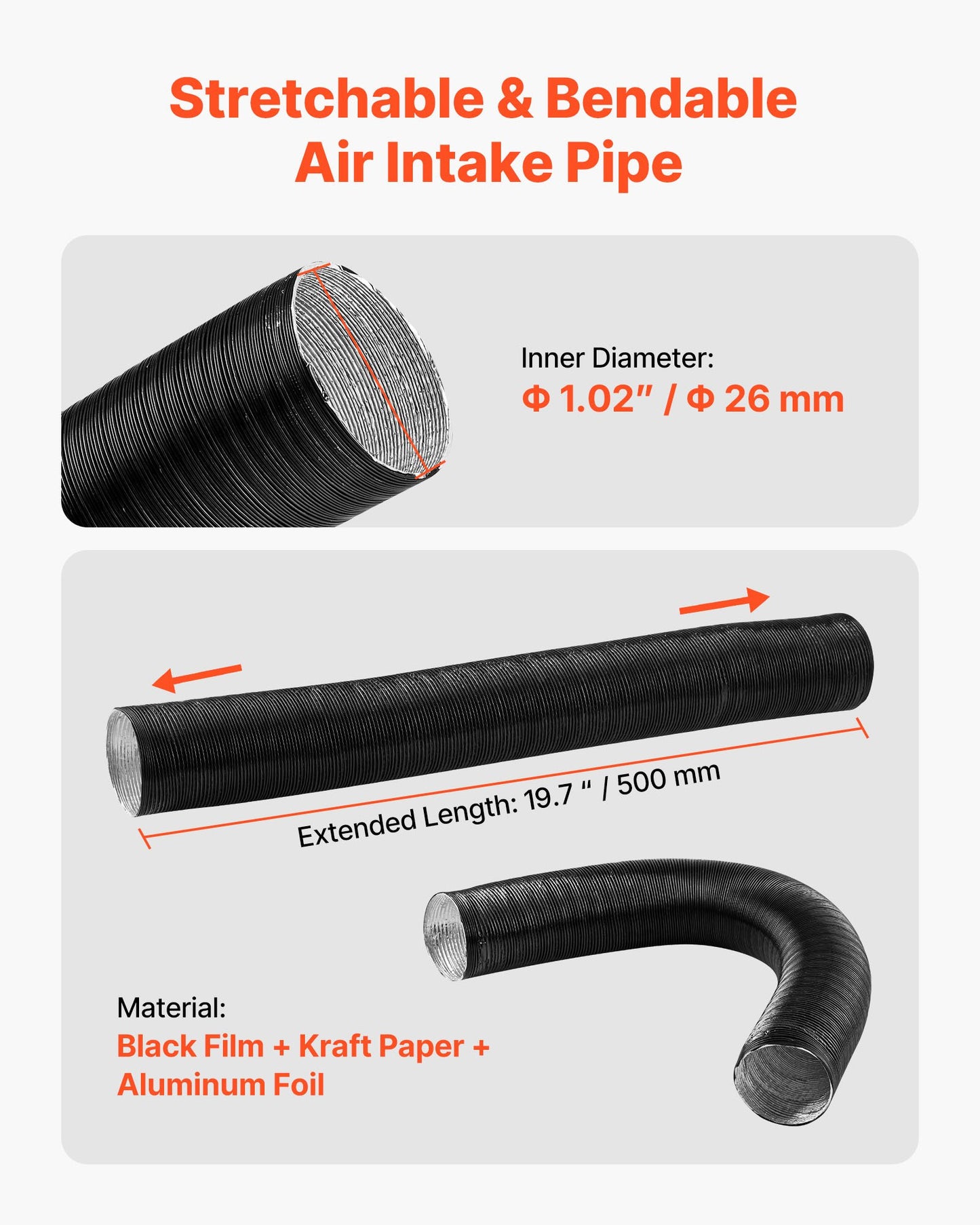 Diesel Heater Intake Pipe Kit, 25mm Car Air Parking Heater Ducting Pipe Hose Tube, Stretchable & Bendable Car Air Intake Filter Silencer Hose Pipes Kit with Clamps for 2KW 5KW 8KW Diesel Heaters