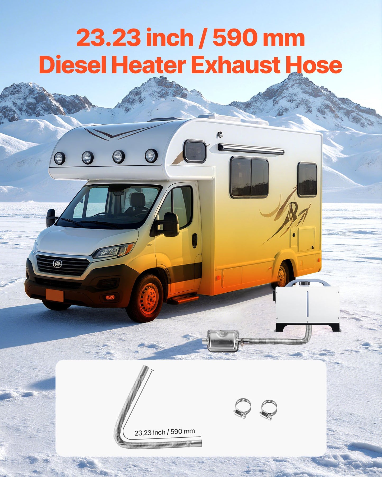 Exhaust Hose, 600mm Diesel Heater Flexible Exhaust Pipe, Stainless Steel Exhausts Hoses with 2 Hose Clamps, Air Diesel Parking Heater Exhausts Hoses Line for 2KW 5KW 8KW Diesels Heaters