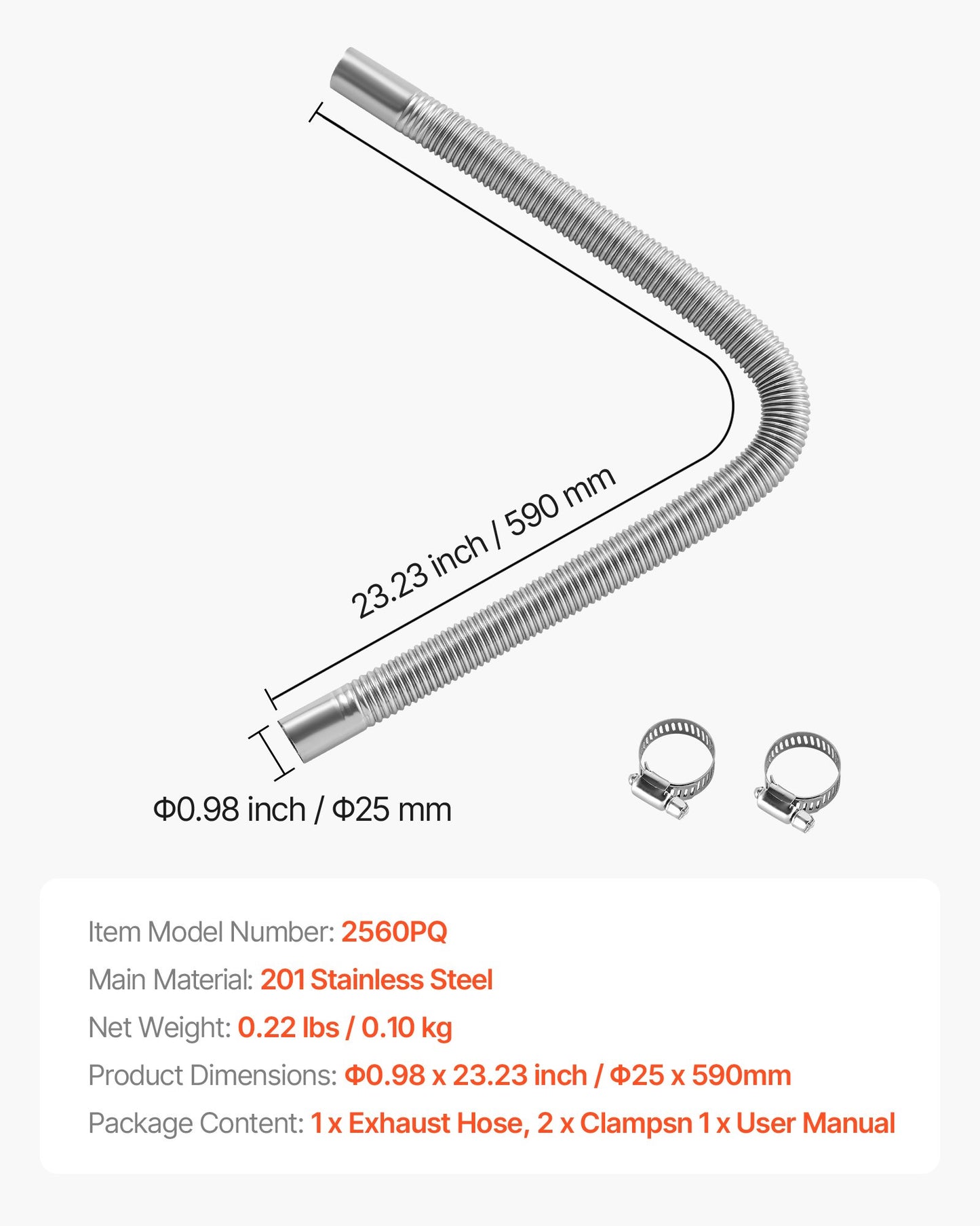 Exhaust Hose, 600mm Diesel Heater Flexible Exhaust Pipe, Stainless Steel Exhausts Hoses with 2 Hose Clamps, Air Diesel Parking Heater Exhausts Hoses Line for 2KW 5KW 8KW Diesels Heaters