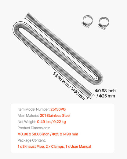 Exhaust Hose, 1490mm Stainless Steel Exhausts Hose, Diesel Heater Flexible Exhaust Pipe with 2 Hose Clamps, Exhausts Hoses Kit Diesel Heater Accessories for 2KW 5KW 8KW Diesels Heaters