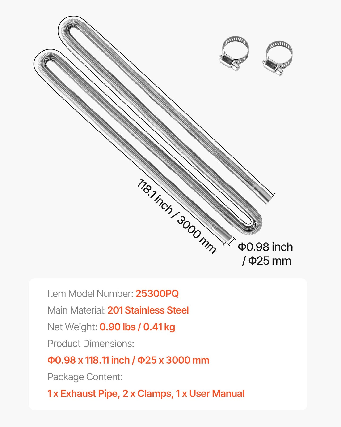 Exhaust Hose, 3000mm Stainless Steel Exhausts Hose, Diesel Heater Flexible Exhaust Pipe with 2 Hose Clamps, Exhausts Hoses Kit Diesel Heater Accessories for 2KW 5KW 8KW Diesels Heaters