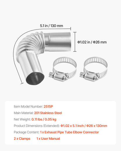 Exhaust Pipe Tube Elbow Connector, 25mm Diesel Heater Exhaust Elbow, Air Parking Heater Exhausts Pipe Tube Elbows Connector 2 Clamps for 2KW 5KW 8KW Diesel Heater, 201 Stainless Steel, Silver