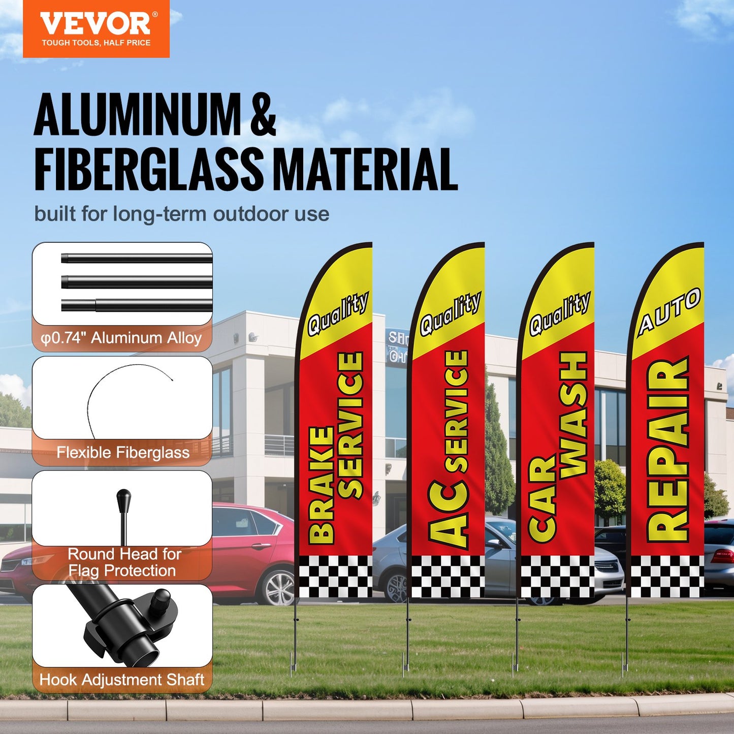 Auto Repair Advertising Feather Flag with Pole Kit, Advertising Flags for Business Outside, Includes 4 Banner Flags, 4 Poles, 4 Ground Stakes, Swooper Flags for Businesses 16.3 FT