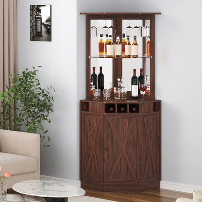 Corner Industrial Bar Cabinet, Wine Table for Liquor & Glasses, Sideboard Buffet Cabinet with Glass Holder, Freestanding Farmhouse Wood Coffee Bar Cabinet for Living Room, Home Bar, Black Walnut