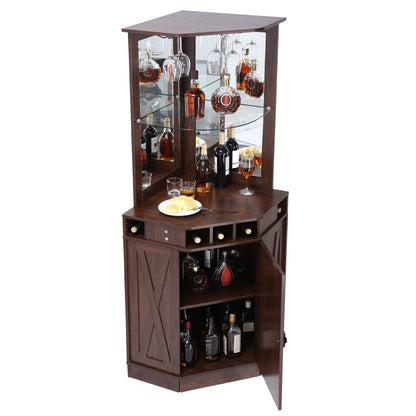 Corner Industrial Bar Cabinet, Wine Table for Liquor & Glasses, Sideboard Buffet Cabinet with Glass Holder, Freestanding Farmhouse Wood Coffee Bar Cabinet for Living Room, Home Bar, Black Walnut