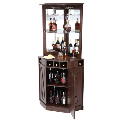 Corner Industrial Bar Cabinet, Wine Table for Liquor & Glasses, Sideboard Buffet Cabinet with Glass Holder, Freestanding Farmhouse Wood Coffee Bar Cabinet for Living Room, Home Bar, Black Walnut