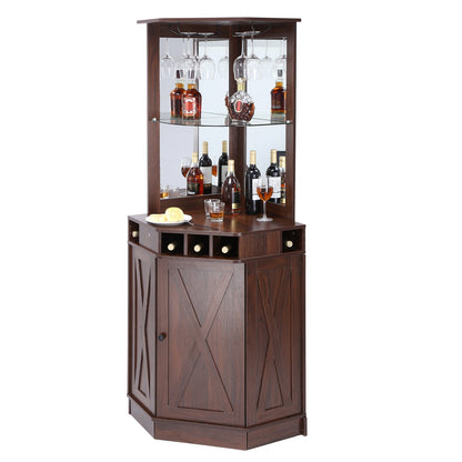 Corner Industrial Bar Cabinet, Wine Table for Liquor & Glasses, Sideboard Buffet Cabinet with Glass Holder, Freestanding Farmhouse Wood Coffee Bar Cabinet for Living Room, Home Bar, Black Walnut