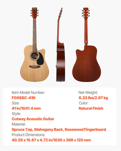 1041.4 mm (41 inch) Cutway Acoustic Guitar Natural Beginner Bundle Gig Bag for Adult