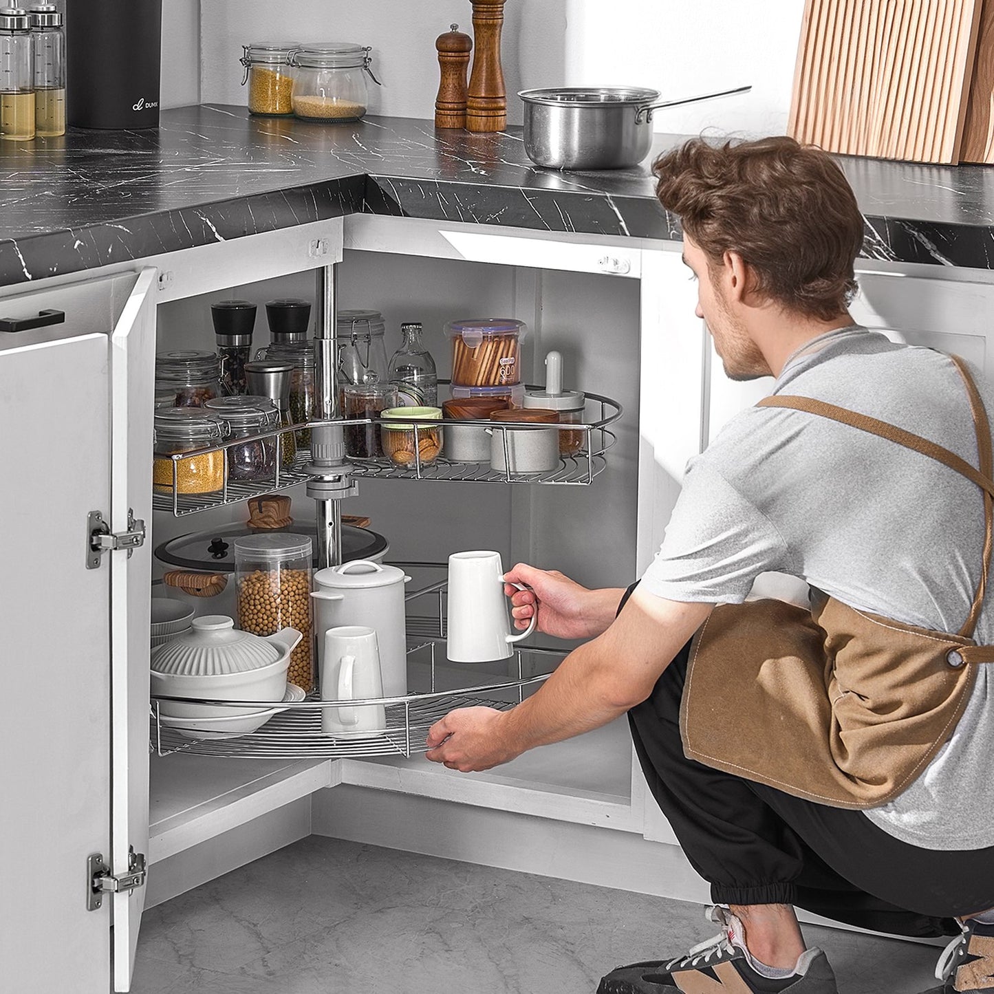 31.5" Kidney Shaped Chrome Corner Organizer, 360° Rotatble Kitchen Base Cabinet Blind Corner, 2 Tier Height Adjustable Storage Rack, Carbon Steel Lazy Susan Replacement Shelf for Cabinet Corner