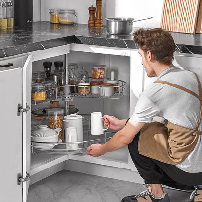 31.5" Kidney Shaped Chrome Corner Organizer, 360° Rotatble Kitchen Base Cabinet Blind Corner, 2 Tier Height Adjustable Storage Rack, Carbon Steel Lazy Susan Replacement Shelf for Cabinet Corner