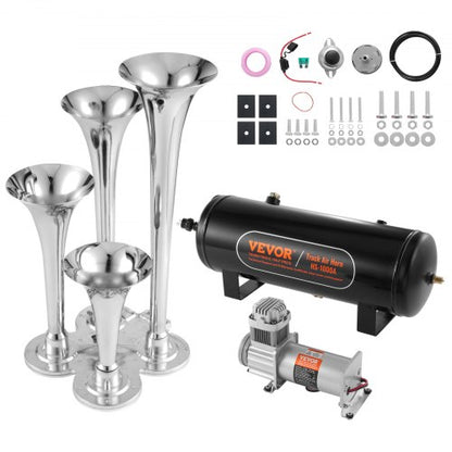 Train Horns Kit, 4 Trumpet Air Horn Kit, 150dB Train Horns for Pickup Trucks, 12V 160 psi Air Compressor 2.6 Gal/10 L Tank with Gauge for Any 12V Vehicle Car Truck Train Van Boat