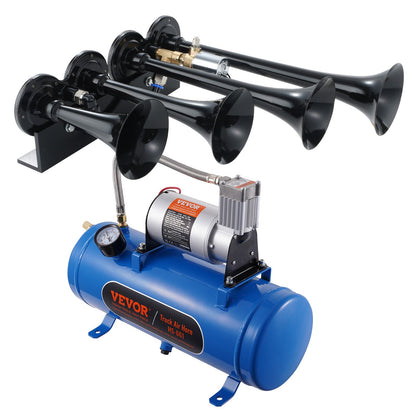 Train Horns Kit, 4 Trumpet Air Horn Kit, 150dB Train Horns for Pickup Trucks, 12V 120 psi Air Compressor 1.6 Gal/6 L Tank with Gauge for Any 12V Vehicle Car Truck Train Van Boat
