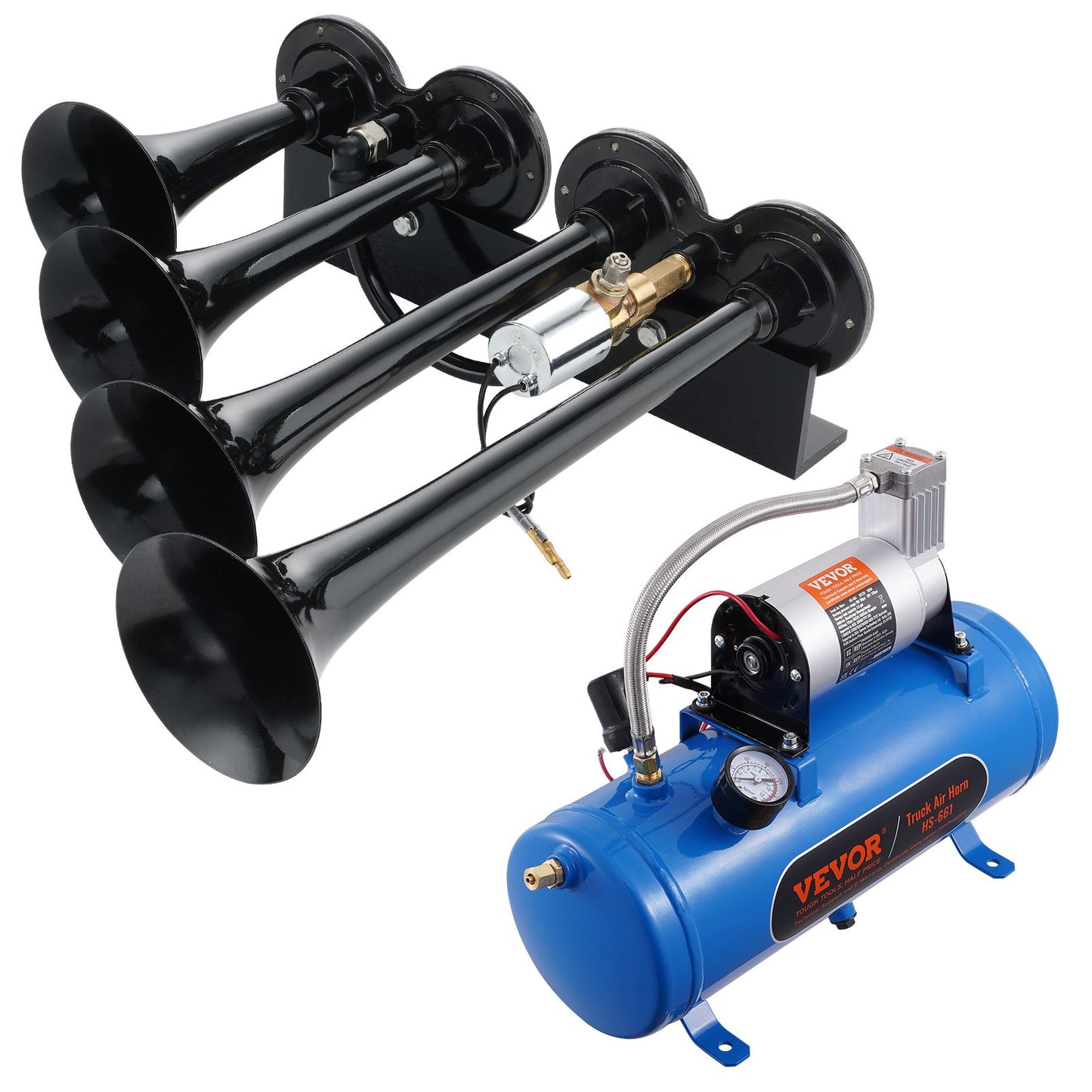 Train Horns Kit, 4 Trumpet Air Horn Kit, 150dB Train Horns for Pickup Trucks, 12V 120 psi Air Compressor 1.6 Gal/6 L Tank with Gauge for Any 12V Vehicle Car Truck Train Van Boat