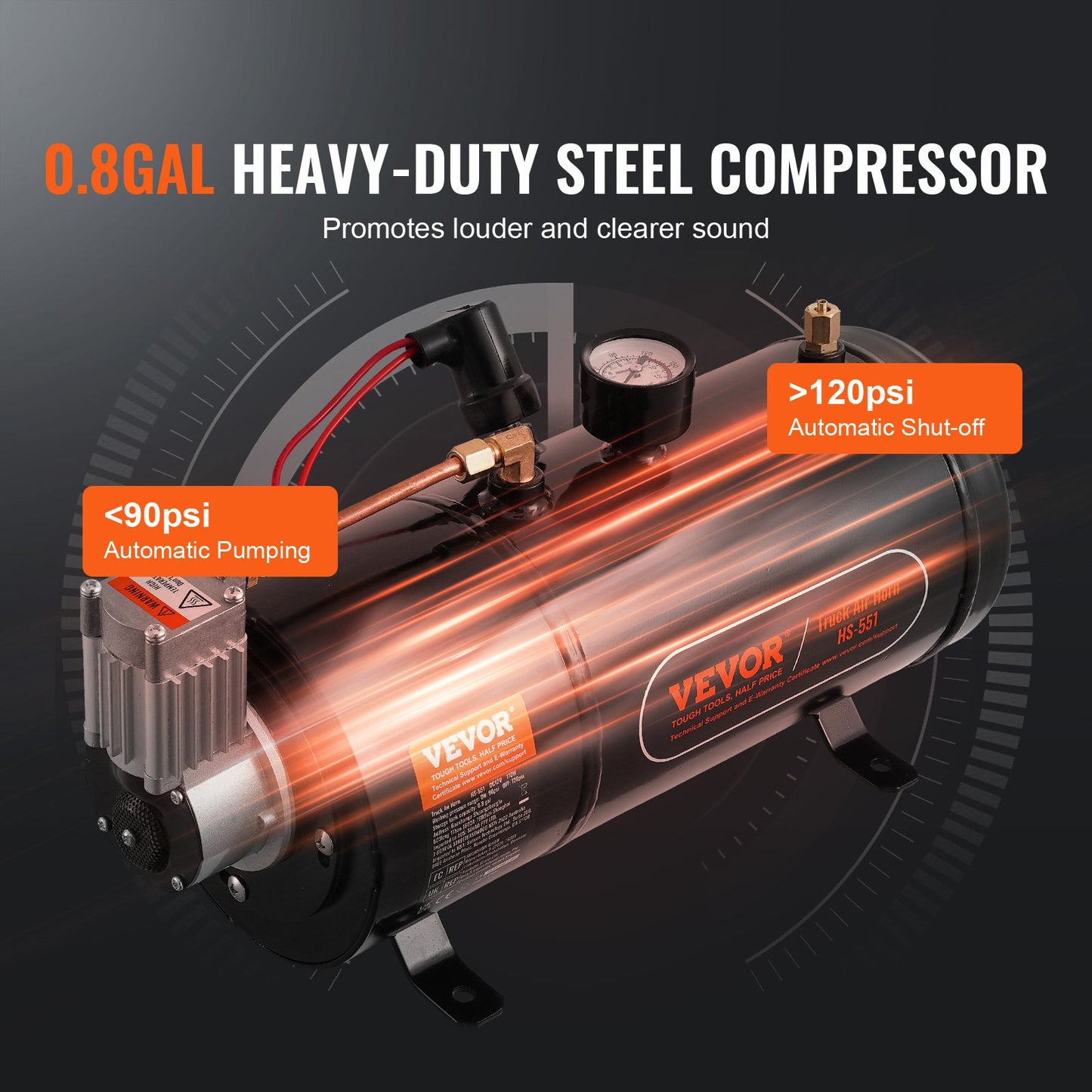 Train Horns Kit 4 Trumpet Air Horn Kit 120 psi Air Compressor 3.03 L Tank