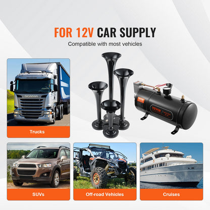 Train Horns Kit 4 Trumpet Air Horn Kit 120 psi Air Compressor 3.03 L Tank