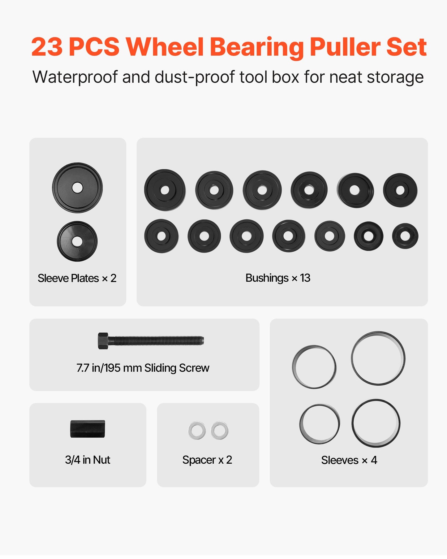 Wheel Bearing Press Kit, 23 PCS FWD Bearing Puller Tools, for Front Wheel Drive Bearing Removal and Installation, Wheel Bearing Tool with Sliding Screw, Bushings, Sleeve Plates, Storage Case