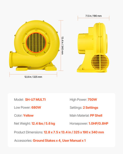 Inflatable Blower, 590W&690W, 1.0 HP Bounce House Blower, Pump Commercial Air Blower for Inflatables, 2750RPM Bouncy Castle Electric Air Blower Fan Perfect for Bounce House, Waterslides, Yellow