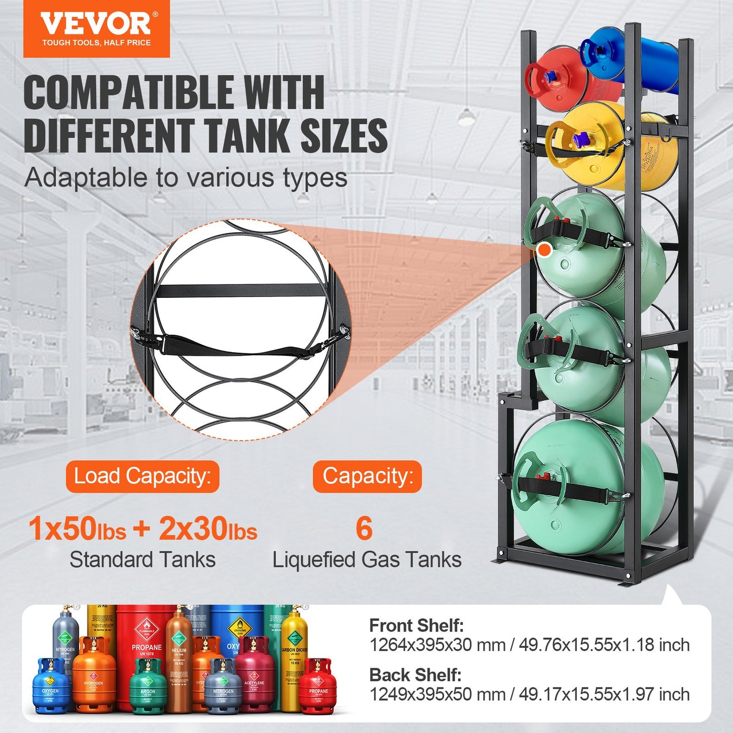 Refrigerant Tank Rack, with 1 x 50lb, 2 x 30lb and Other 3 Small Bottle Tanks, Cylinder Tank Rack 15.55x12.99x49.8 in, Refrigerant Cylinder Rack and Holders for Freon, Gases, Oxygen, Nitrogen
