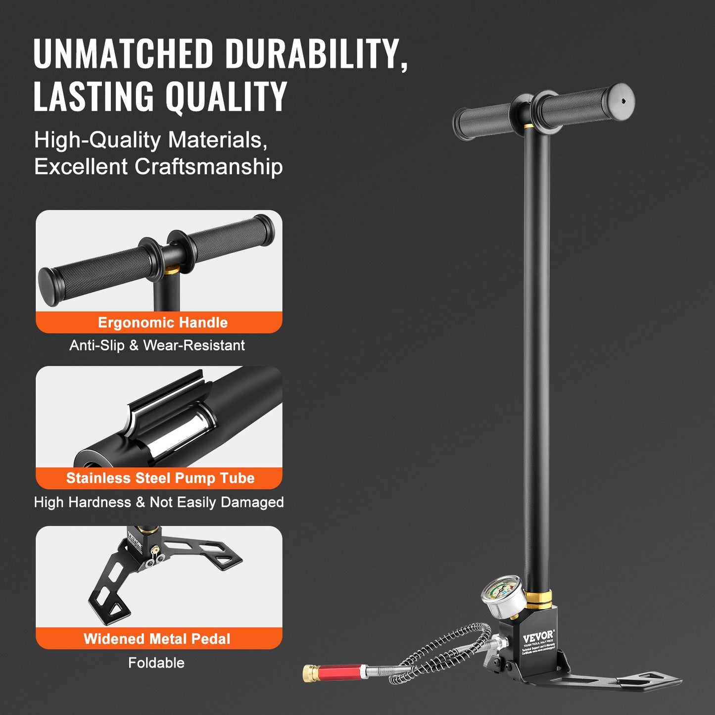 PCP Hand Pump, 3 Stage, 30Mpa 4500 PSI High Pressure PCP Air Rifile Filling Stirrup Pump with Oil-Moisture Filter Pressure Gauge, Stainless Steel for Airguns Scuba Tank Paintball Filling Tire