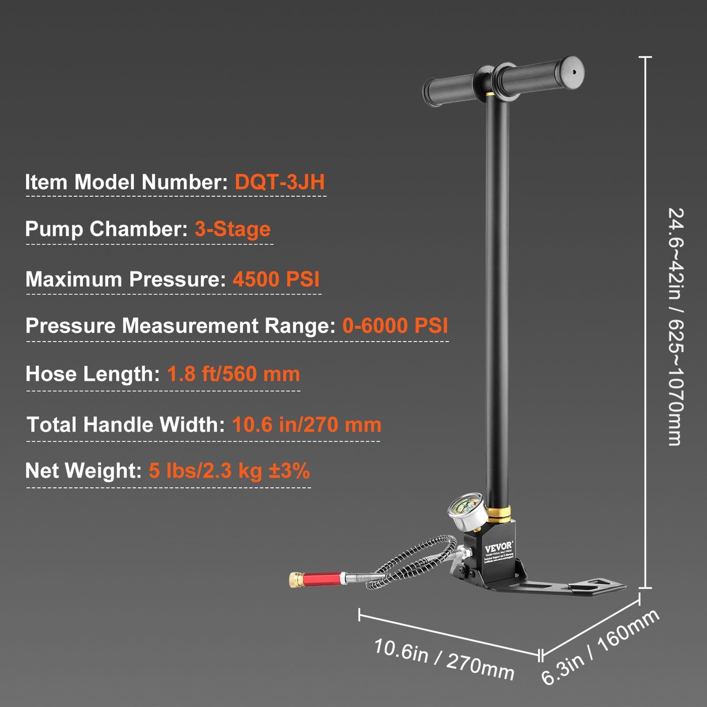 PCP Hand Pump, 3 Stage, 30Mpa 4500 PSI High Pressure PCP Air Rifile Filling Stirrup Pump with Oil-Moisture Filter Pressure Gauge, Stainless Steel for Airguns Scuba Tank Paintball Filling Tire