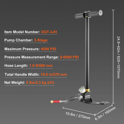 PCP Hand Pump, 3 Stage, 30Mpa 4500 PSI High Pressure PCP Air Rifile Filling Stirrup Pump with Oil-Moisture Filter Pressure Gauge, Stainless Steel for Airguns Scuba Tank Paintball Filling Tire