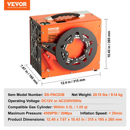 PCP Air Compressor, 4500PSI/30Mpa Portable PCP Airgun Compressor with Built-in Power Converter, Auto-Stop | DC12V/AC230V | Oil & Water-Free Air Rifle, Paintball and Scuba Tank Compressor Pump