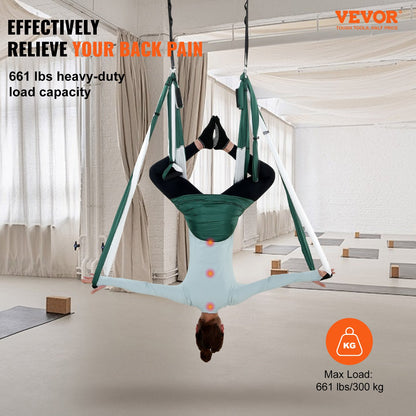 Aerial Yoga Swing Set, 2.7 Yards Yoga Hammock Hanging Swing Aerial Sling Inversion Fly Kit Trapeze Inversion Equipment with Ceiling Mount Accessories, Max 661.38 lbs Load Capacity, Green/White
