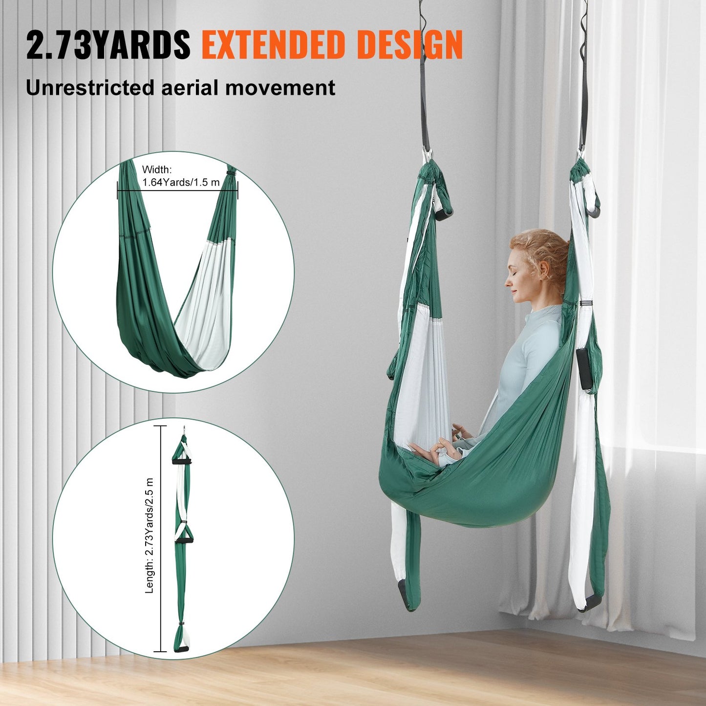 Aerial Yoga Swing Set, 2.7 Yards Yoga Hammock Hanging Swing Aerial Sling Inversion Fly Kit Trapeze Inversion Equipment with Ceiling Mount Accessories, Max 661.38 lbs Load Capacity, Green/White