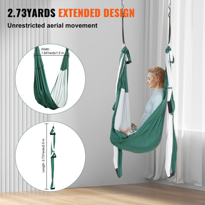Aerial Yoga Swing Set, 2.7 Yards Yoga Hammock Hanging Swing Aerial Sling Inversion Fly Kit Trapeze Inversion Equipment with Ceiling Mount Accessories, Max 661.38 lbs Load Capacity, Green/White