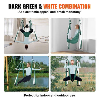 Aerial Yoga Swing Set, 2.7 Yards Yoga Hammock Hanging Swing Aerial Sling Inversion Fly Kit Trapeze Inversion Equipment with Ceiling Mount Accessories, Max 661.38 lbs Load Capacity, Green/White