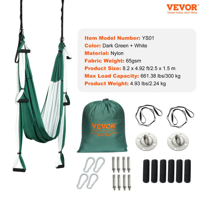 Aerial Yoga Swing Set, 2.7 Yards Yoga Hammock Hanging Swing Aerial Sling Inversion Fly Kit Trapeze Inversion Equipment with Ceiling Mount Accessories, Max 661.38 lbs Load Capacity, Green/White