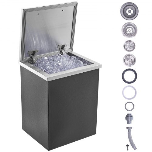 Drop in Ice Chest, 14"L x 12"W x 18"H Stainless Steel Ice Cooler, Commercial Ice Bin with Hinged Cover, 40 qt Outdoor Kitchen Ice Bar, Drain-pipe and Drain Plug Included, for Cold Wine Beer