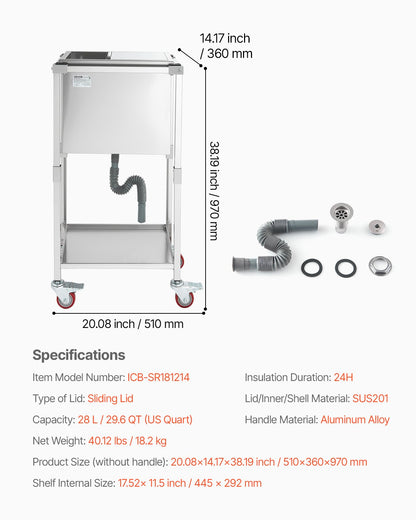 Rollbarer Kühlwagen mit Kühlbox, 510 x 360 x 970 mm (20 x 14 x 38 Zoll), Edelstahl-Kühlbox auf Rollen, 28 Liter Fassungsvermögen, stehend, mit Ablage, für Terrasse, Garten, Party und Bar