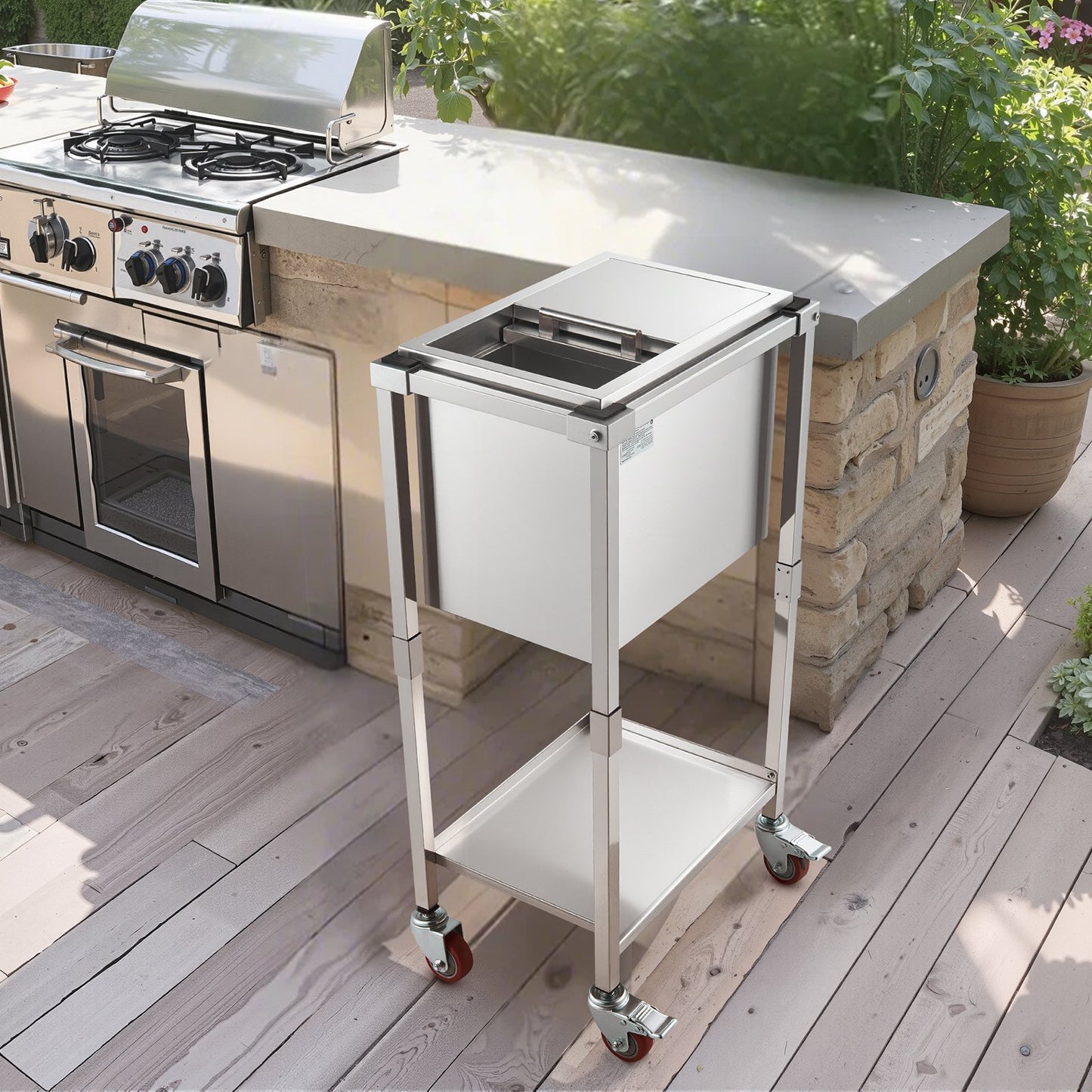 Rollbarer Kühlwagen mit Kühlbox, 510 x 360 x 970 mm (20 x 14 x 38 Zoll), Edelstahl-Kühlbox auf Rollen, 28 Liter Fassungsvermögen, stehend, mit Ablage, für Terrasse, Garten, Party und Bar