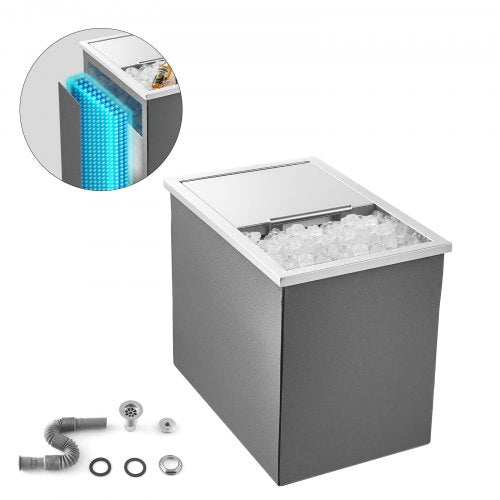 Drop in Ice Chest, 18"L x 12"W x 15"H (455 x 305 x 385 mm) Stainless Steel Drop in Cooler, 27.1L Commercial Ice Bin with Sliding Lid for Outdoor, Drain-pipe Set Included, for Cold Wine Beer